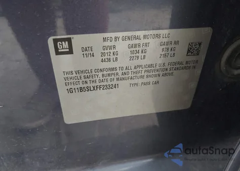 2015 Chevrolet Malibu Ls из США, поврежденный, VIN 1G11B5SLXFF233241